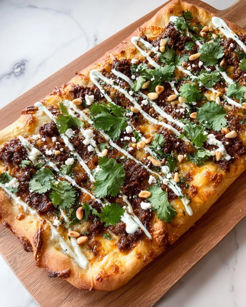 A close-up of a pizza slice held by a woman's hand, showing a golden-brown crust with melted cheese as the first layer. Above the cheese, a thick layer of small, dark brown crumbled meat spreads evenly. On top of the meat, green cilantro leaves are scattered with small creamy white pine nuts sprinkled all over. There are also small blobs of white cheese and a light drizzle of white sauce across the top. The background shows the rest of the pizza on a wooden board, all set on a white marbled surface. photo taken with an iphone --ar 4:5 --v 7