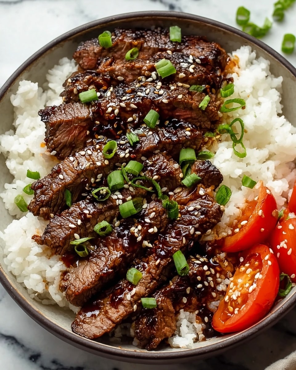 The image shows a close-up of sliced grilled beef with a shiny, dark brown glaze, arranged in a single thick layer on a white plate. The beef is topped with small white sesame seeds and scattered bright green chopped spring onions, adding color contrast. In the background, there is a hint of bright orange pickled vegetables and a soft layer of white rice sprinkled with sesame seeds, all set against a white marbled surface. photo taken with an iphone --ar 4:5 --v 7