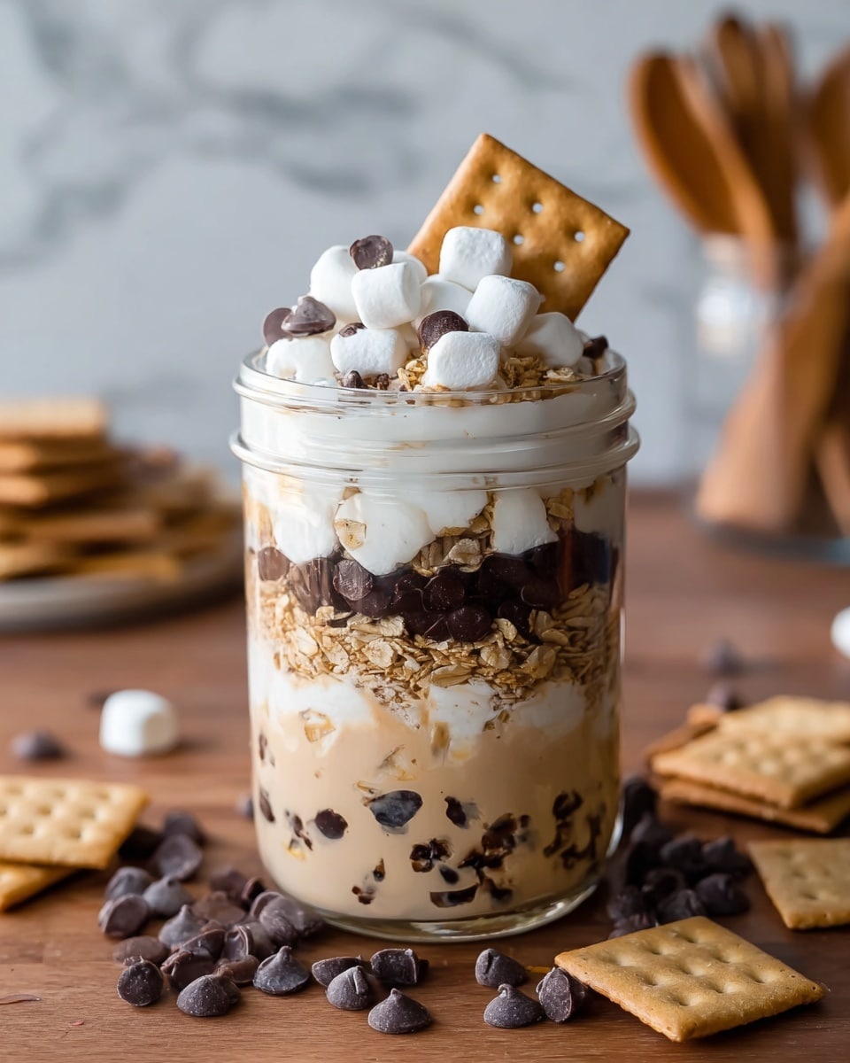 A clear glass jar filled with four visible layers sits on a wooden surface surrounded by scattered chocolate chips and square crackers. The bottom layer is a creamy beige mixture with dark chocolate chips and small black seeds embedded throughout. Above that is a thick layer of light brown oats mixed with small crackers. The next layer is smooth, white yogurt that slightly overlaps the oats. The top layer is a generous mix of mini white marshmallows and dark chocolate chips, with a square cracker inserted on one side. The background shows a soft focus of kitchen utensils against a white marbled texture. photo taken with an iphone --ar 4:5 --v 7