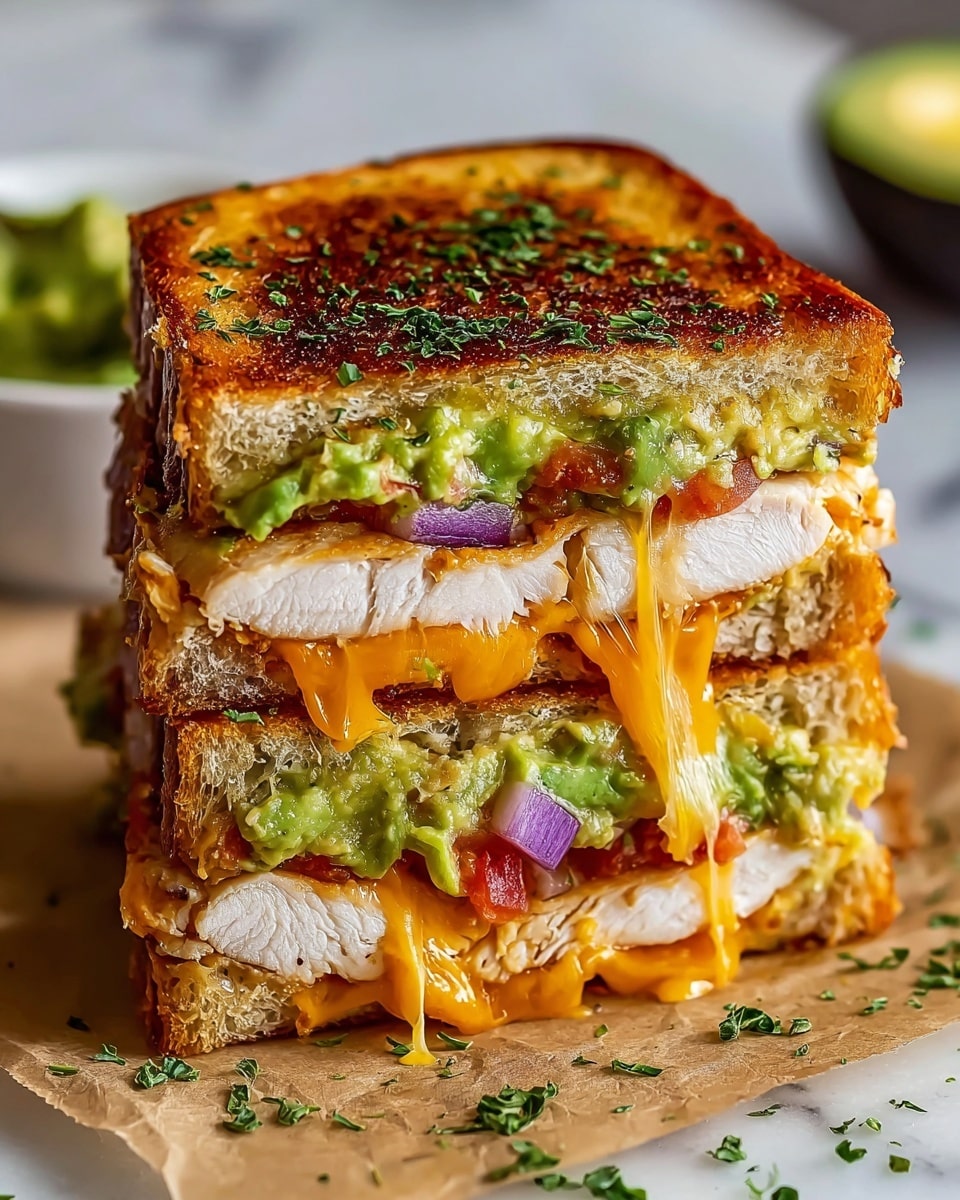A stacked sandwich cut in half showing four layers: the top and bottom layers are toasted bread with a golden brown, slightly crispy texture sprinkled with green herbs; the second and fourth layers are a mix of bright green guacamole with a chunky texture, red tomato slices, and small pieces of purple onion; the third layer shows thick slices of white grilled chicken breast with a slight char, covered by melted orange cheddar cheese oozing over the edges; the sandwich is placed on a piece of parchment paper on a white marbled surface with finely chopped herbs scattered around. photo taken with an iphone --ar 4:5 --v 7