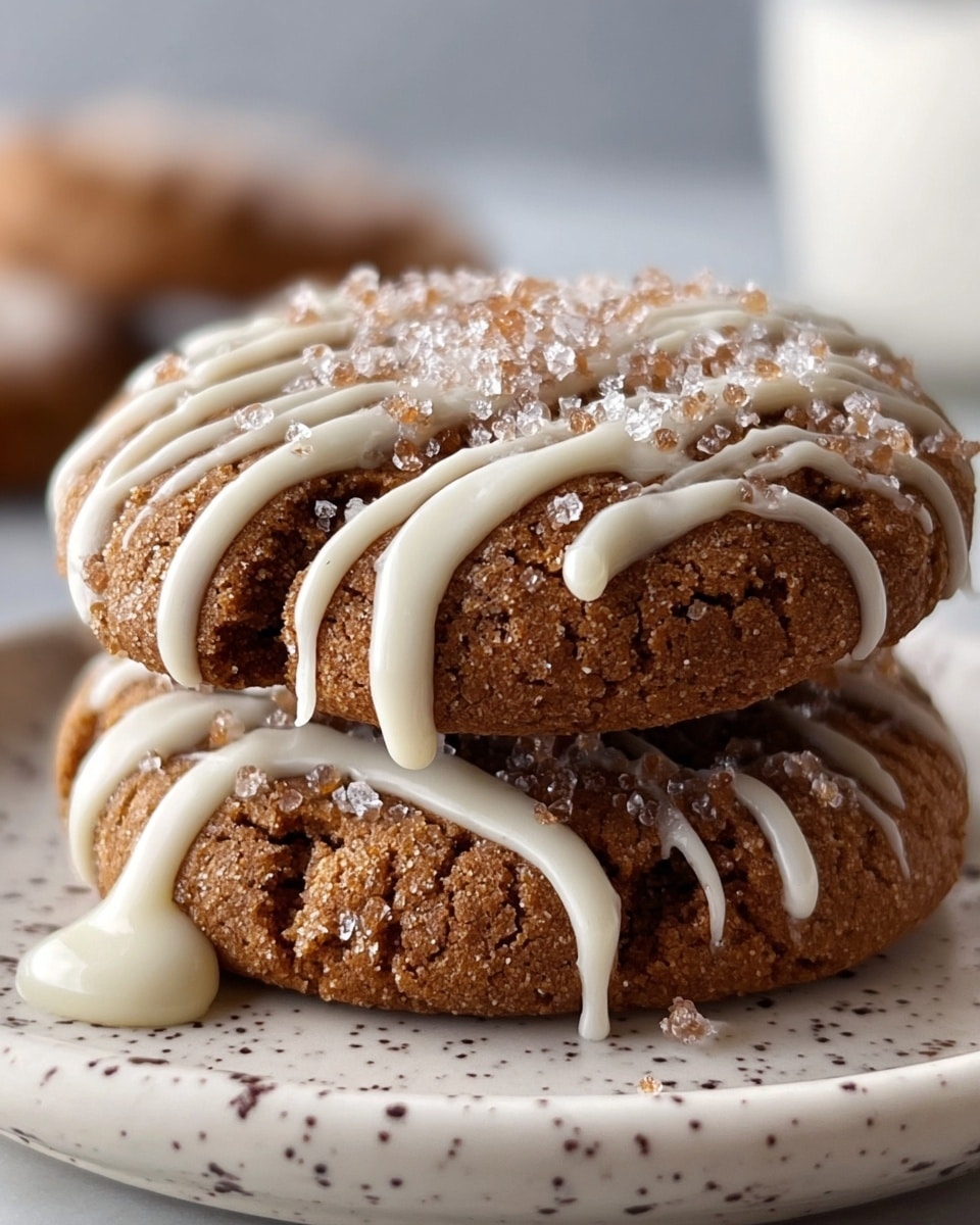 Two thick brown cookies are stacked on a white plate with small dark speckles; the top cookie has white icing drizzled over it with drops hanging from the edges, and coarse white and light brown sugar crystals are sprinkled on top. The cookies have a cracked texture with visible sugar granules on the surface. The background is blurred with a white marbled texture below the plate. photo taken with an iphone --ar 4:5 --v 7