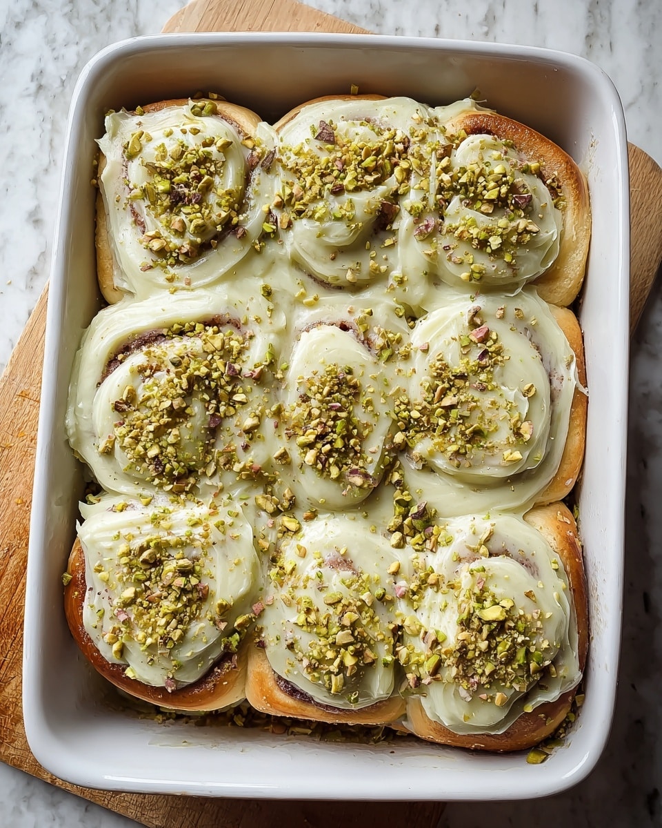 A white rectangular baking dish holds eight cinnamon rolls, each topped with a thick layer of pale green pistachio frosting that looks creamy and smooth, covering the rolls almost completely but allowing some golden-brown edges of the buns to peek through. The frosting is sprinkled with chopped pistachio nuts that add texture and greenish-brown color contrast. The buns are arranged tightly in two rows of four, filling the dish fully, and the edges of the frosting look soft and slightly melting into the sides of the dish. The dish rests on a white marbled surface. photo taken with an iphone --ar 4:5 --v 7