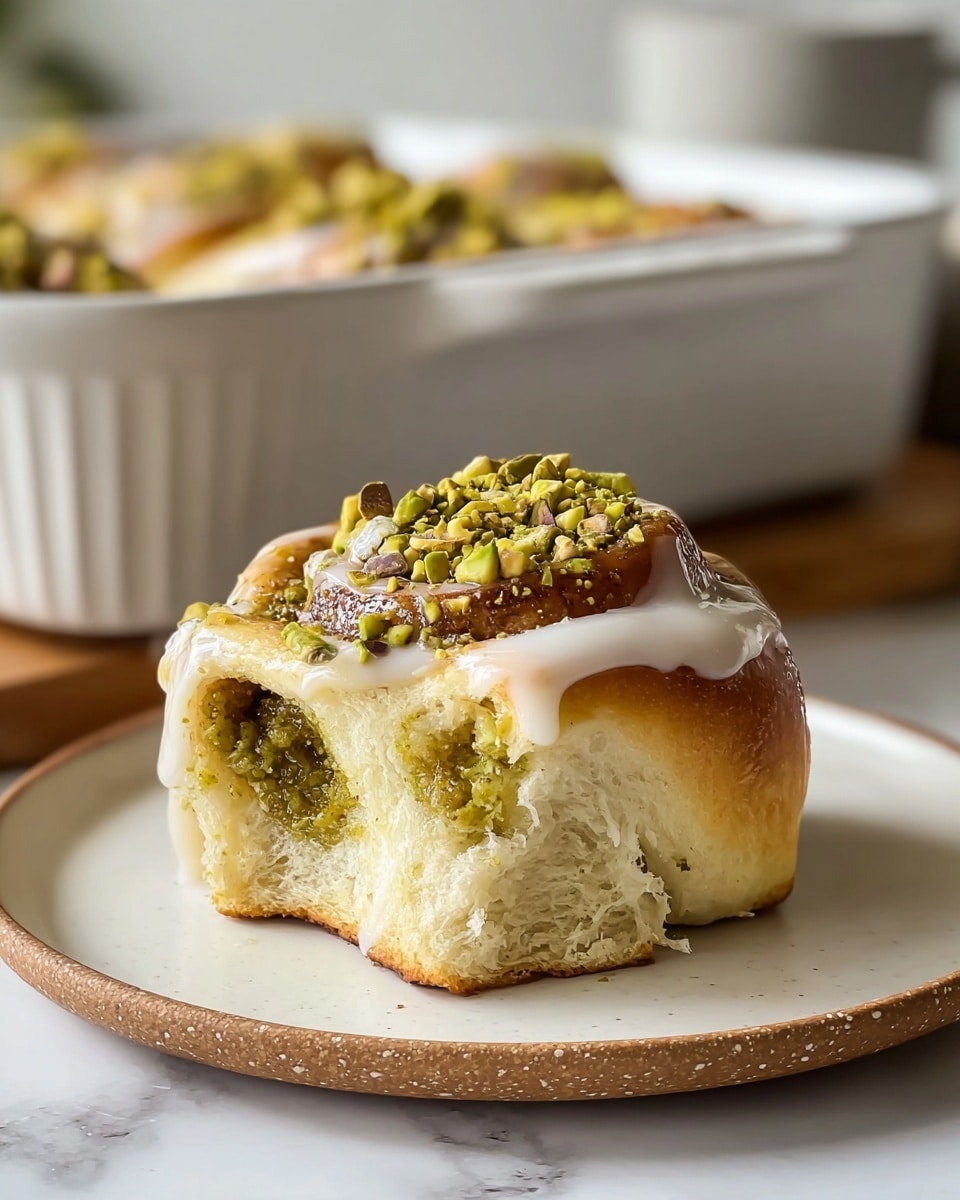A close-up image of a soft, fluffy cinnamon roll with a green pistachio filling swirled inside two layers of golden-brown dough, sitting on a white plate. The top layer is covered with smooth white icing, dripping slightly down the sides, and topped with chopped pistachio nuts that add a rough texture in green hues. In the background, a white baking dish holds more cinnamon rolls, all placed on a white marbled surface. photo taken with an iphone --ar 4:5 --v 7