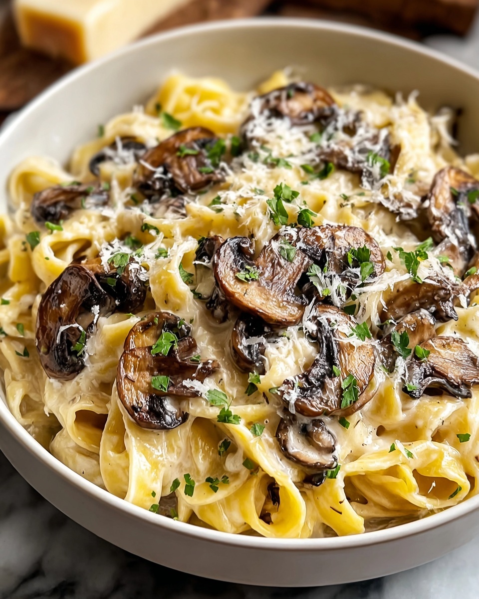 A close-up view of a bowl filled with creamy pasta, showing about three layers: at the bottom, wide fettuccine noodles in a pale yellow color, covered by a thick, smooth white cream sauce; on top of the pasta and sauce, browned, sliced mushrooms scattered evenly, with their dark brown edges contrasting against the light sauce; scattered small green parsley leaves add fresh color, while finely grated white cheese is lightly sprinkled on top, melting slightly into the sauce; the bowl is white and sits on a white marbled surface with soft natural light highlighting the textures and colors clearly. photo taken with an iphone --ar 4:5 --v 7