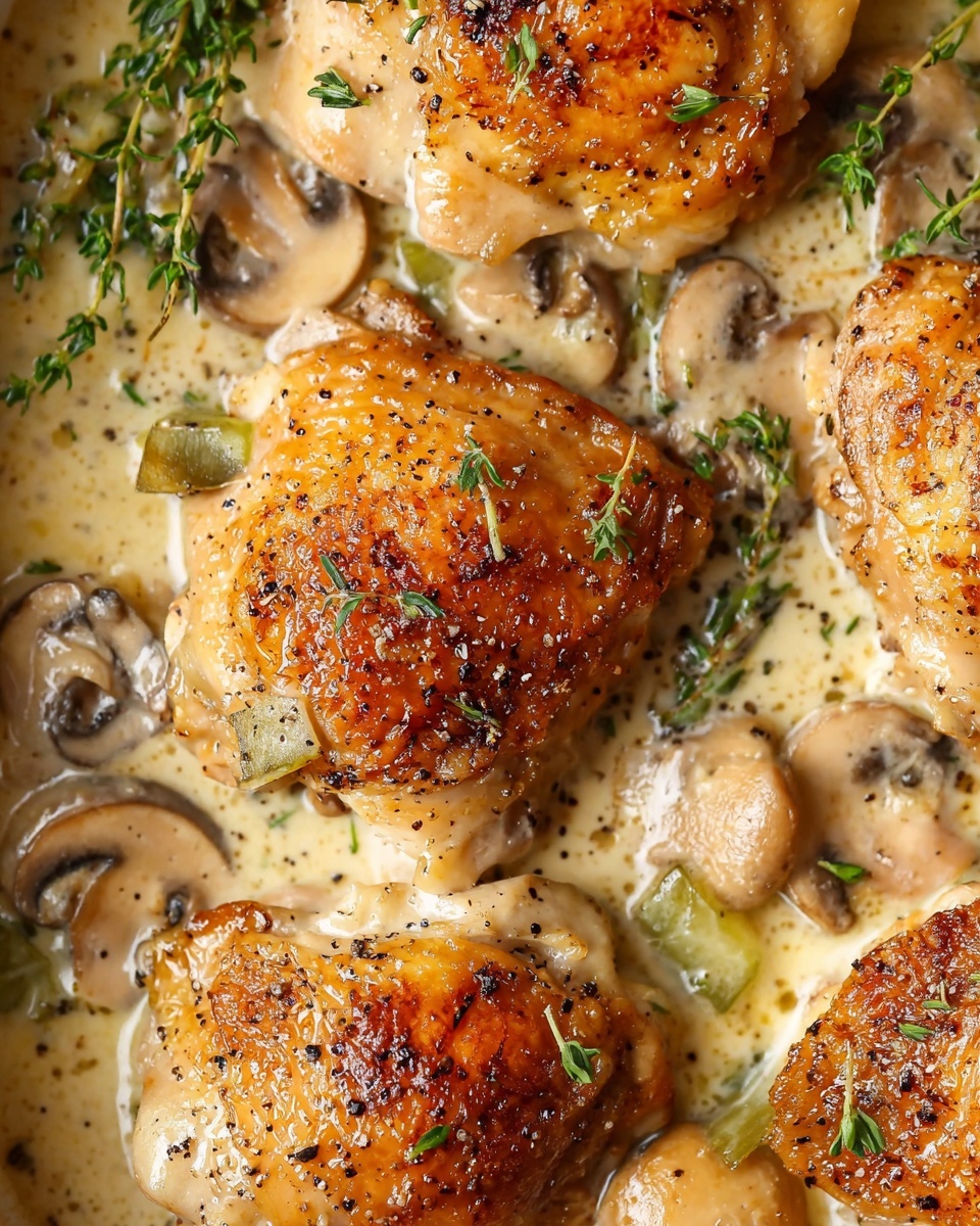 The image shows golden brown chicken thighs with crispy skin, covered in a creamy sauce with visible black pepper and fresh green thyme leaves sprinkled on top. Scattered around the chicken are light brown sliced mushrooms partially submerged in the sauce, adding texture and color contrast. The sauce appears smooth and rich, pooling around the chicken pieces in a thick layer. The background is a white marbled texture, enhancing the dish's warm and inviting colors. photo taken with an iphone --ar 4:5 --v 7