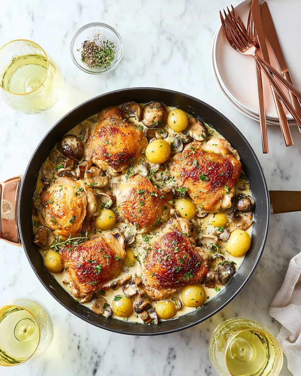 A black pan filled with seven golden-brown crispy chicken thighs on top of a creamy white sauce, mixed with small yellow potatoes and brown mushrooms scattered around. Fresh green herbs are sprinkled over the dish, adding a touch of color. The pan rests on a white marbled surface with three clear glasses of light yellow drink around it. To the right, a white plate holds three copper-colored forks and a knife. A small clear bowl with pepper sits above the pan. Photo taken with an iphone --ar 4:5 --v 7