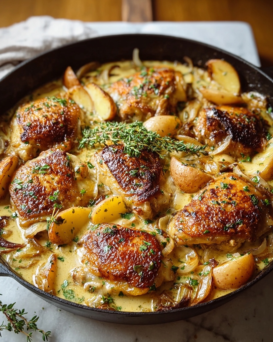 A black skillet on a white marbled texture holds a creamy chicken dish with six browned chicken pieces as the main layer, each with crispy, golden-brown skin and sprinkled with green herbs. Around the chicken, there are light brown roasted potato wedges and slices of cooked onions, partially submerged in a rich, light yellow cream sauce with small green herb bits. A fresh sprig of green thyme sits on top of one chicken piece near the center, adding a fresh touch. The textures range from crispy on the chicken skin to soft and smooth in the sauce, all closely arranged and cooked together. Photo taken with an iphone --ar 4:5 --v 7