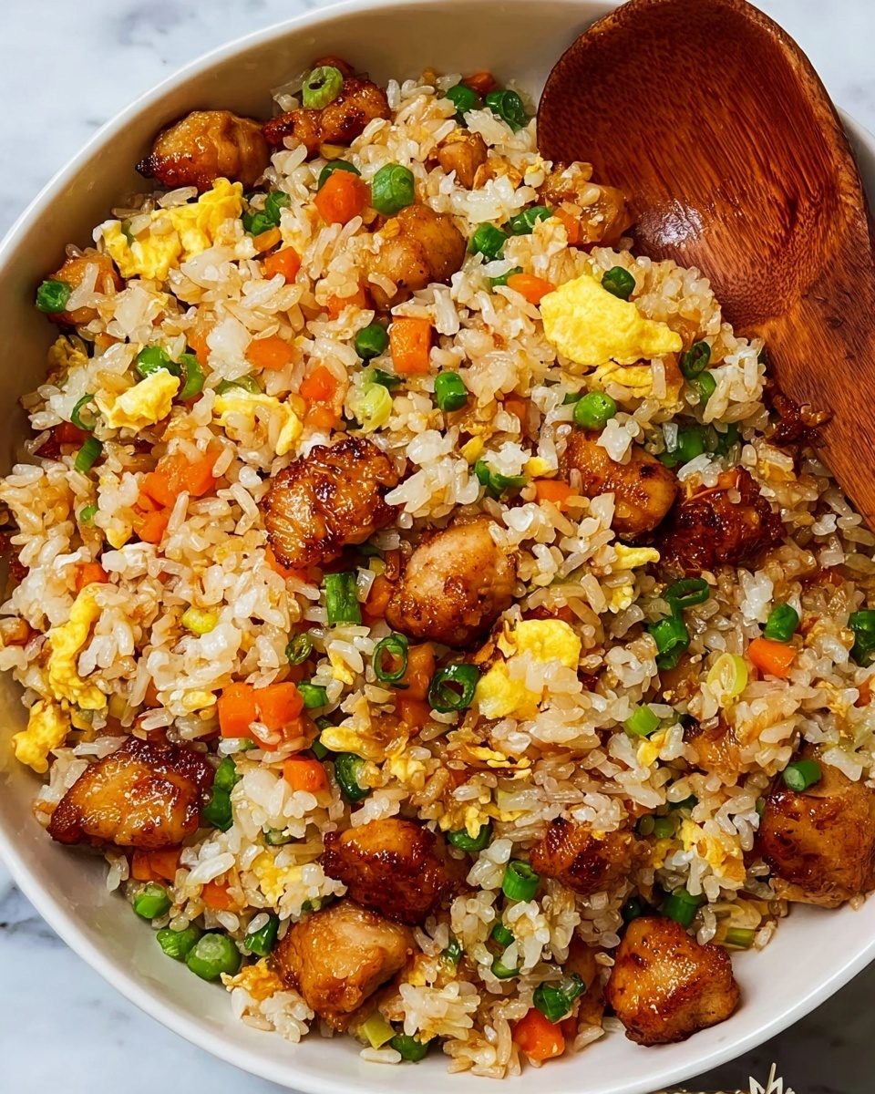A close-up view of a bowl filled with fried rice showing about three layers mixed together. The base layer is light brown cooked rice with a fluffy texture. Mixed into the rice are small bright orange carrot cubes and tiny green chopped spring onions scattered evenly across. On top are medium-sized browned pieces of cooked chicken with a slightly crispy surface. There are also soft yellow scrambled egg pieces spread over the rice, adding a gentle contrast in color. The bowl is white with a visible wooden spoon resting inside on the right side, and the background is a white marbled texture. photo taken with an iphone --ar 4:5 --v 7