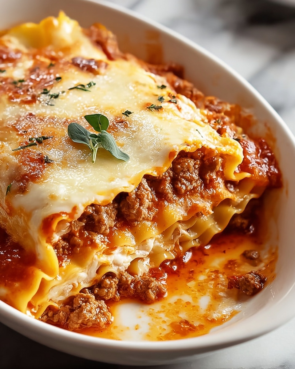 A close-up view of a three-layer lasagna in a white oval dish, with the top layer covered in melted, golden-brown cheese and a small green herb leaf on top. Below the cheese is a red tomato sauce that peeks through in spots, followed by a middle layer of cooked ground meat mixed with bits of mushroom in a light brown color. The bottom layer shows wavy-edged pasta sheets that hold the dish together, with some sauce and meat pushed aside near the edge of the dish. The background is a white marbled texture. photo taken with an iphone --ar 4:5 --v 7