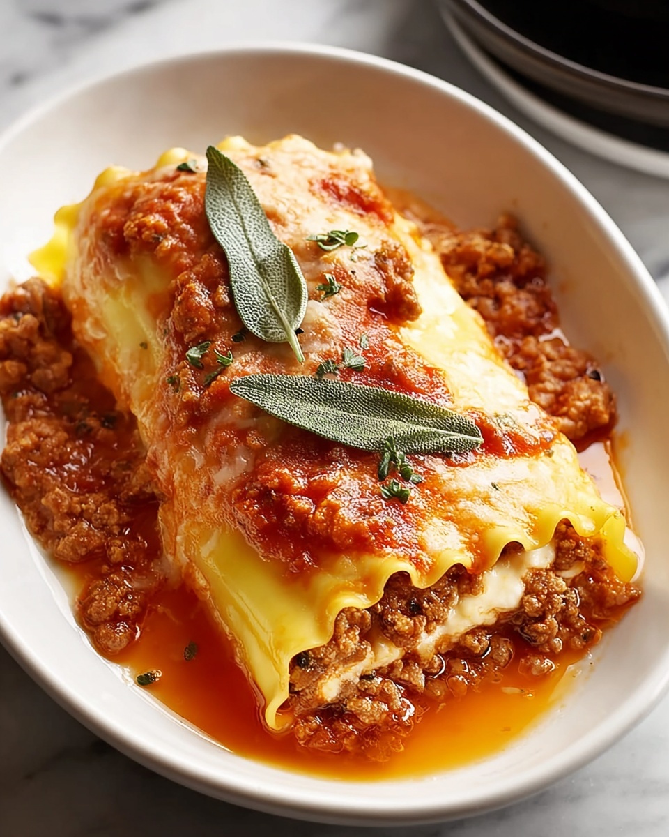 A single rolled lasagna piece is placed in a white oval dish on top of a white marbled surface. The lasagna has three visible layers: a yellow pasta sheet rolled around a middle filling of browned ground meat mixed with white ricotta cheese, covered with a textured, chunky red tomato sauce, and topped with a smooth layer of melted, golden cheese that is slightly browned in spots. Two sage leaves rest on top as a garnish. There are traces of sauce pooled around the edges of the dish. Photo taken with an iphone --ar 4:5 --v 7