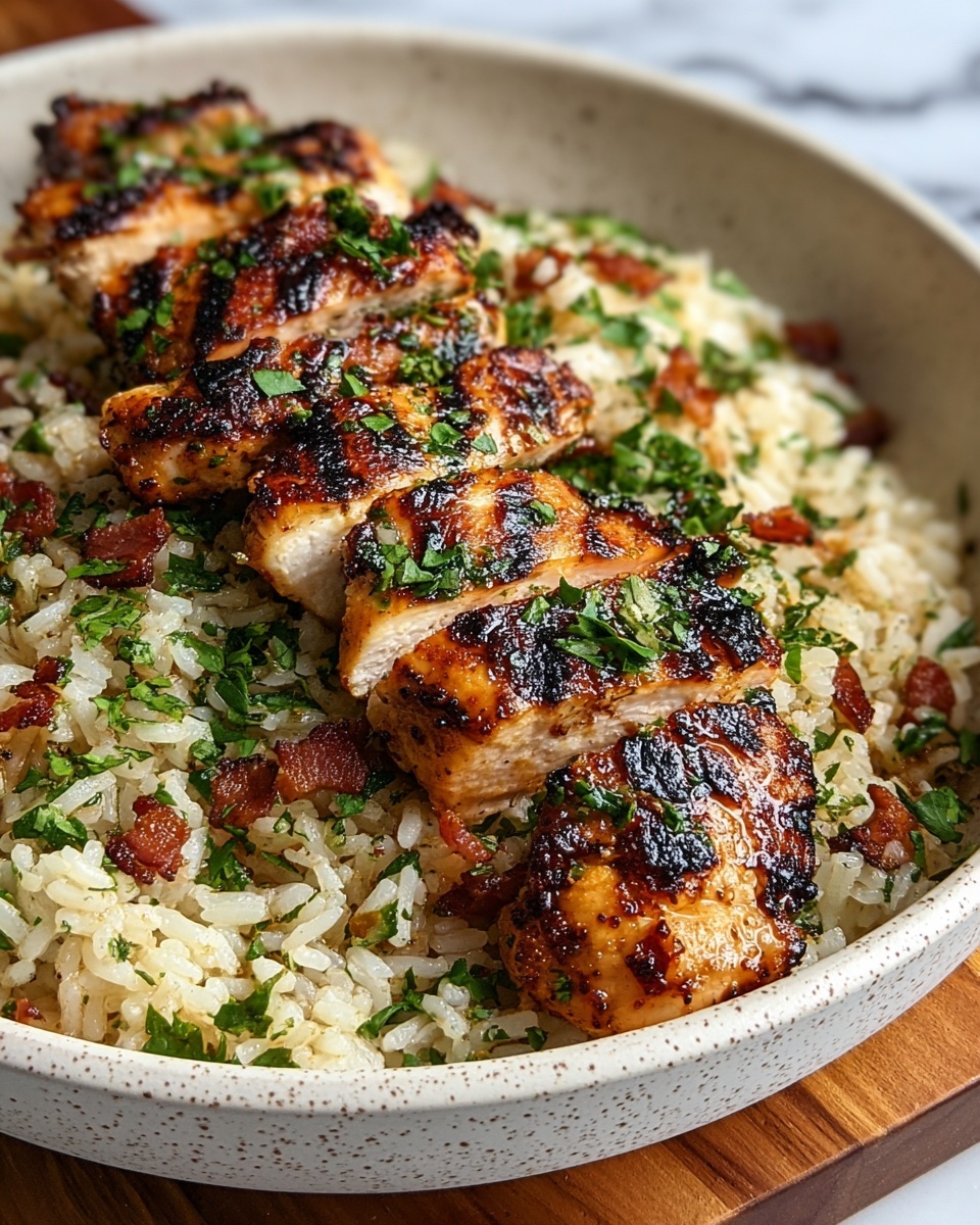 The image shows a close-up of a white speckled bowl filled with cooked rice mixed with small pieces of browned bacon and sprinkled with chopped green herbs. On top of the rice lie three pieces of grilled chicken, each piece slightly sliced to reveal the juicy, tender inside. The chicken has a golden-brown char with black grill marks and is topped with fresh green herbs, creating a vibrant contrast against the warm tones of the chicken and rice. The bowl sits on a wooden board, with a white marbled textured background visible around it. photo taken with an iphone --ar 4:5 --v 7