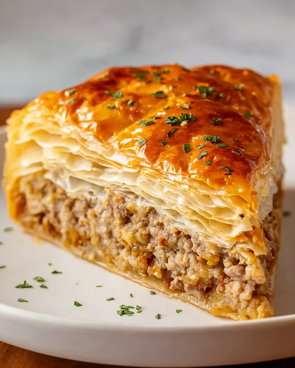 A close-up of a triangular slice of meat pie resting on a white plate, placed on a white marbled surface. The top layer is golden brown, shiny, and flaky with small green herb bits sprinkled on top. Underneath, there are several thin, light tan layers of delicate puff pastry. The bottom half shows a dense, textured filling of minced cooked meat with a mix of light and darker brown bits, appearing moist and flavorful. photo taken with an iphone --ar 4:5 --v 7