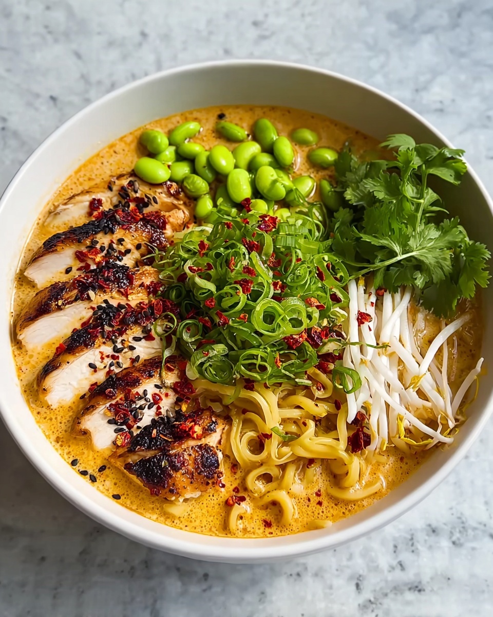 A white bowl holds a rich, creamy light orange broth filled with wavy yellow noodles at the bottom. On the left side, there are thin slices of grilled chicken breast with a charred edge, topped with red chili flakes and black sesame seeds. At the top right, bright green edamame beans rest on the broth. In the center, fresh green spiral-cut scallions with more red chili flakes add color. To the right, white bean sprouts lie above the noodles, and at the bottom right, a bunch of fresh green cilantro leaves complete the dish. The bowl sits on a white marbled textured surface. photo taken with an iphone --ar 4:5 --v 7