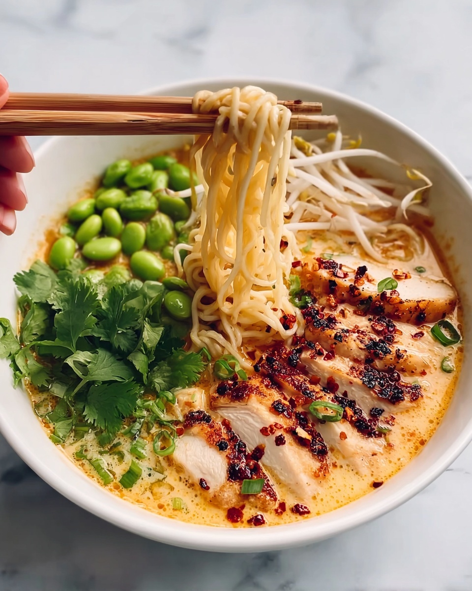 A white bowl filled with a creamy orange broth as the base layer, topped with a few slices of golden-brown grilled chicken sprinkled with black and red chili flakes on the right side. Above the chicken, there is a pile of bright green edamame beans. On the left side, finely sliced green onions and fresh cilantro leaves add a pop of green. Bean sprouts peek out from the back left side. In the center, a bundle of pale yellow noodles is lifted by a pair of wooden chopsticks held by a woman's hand, showing their soft, slightly wavy texture. The bowl sits on a white marbled surface. Photo taken with an iphone --ar 4:5 --v 7
