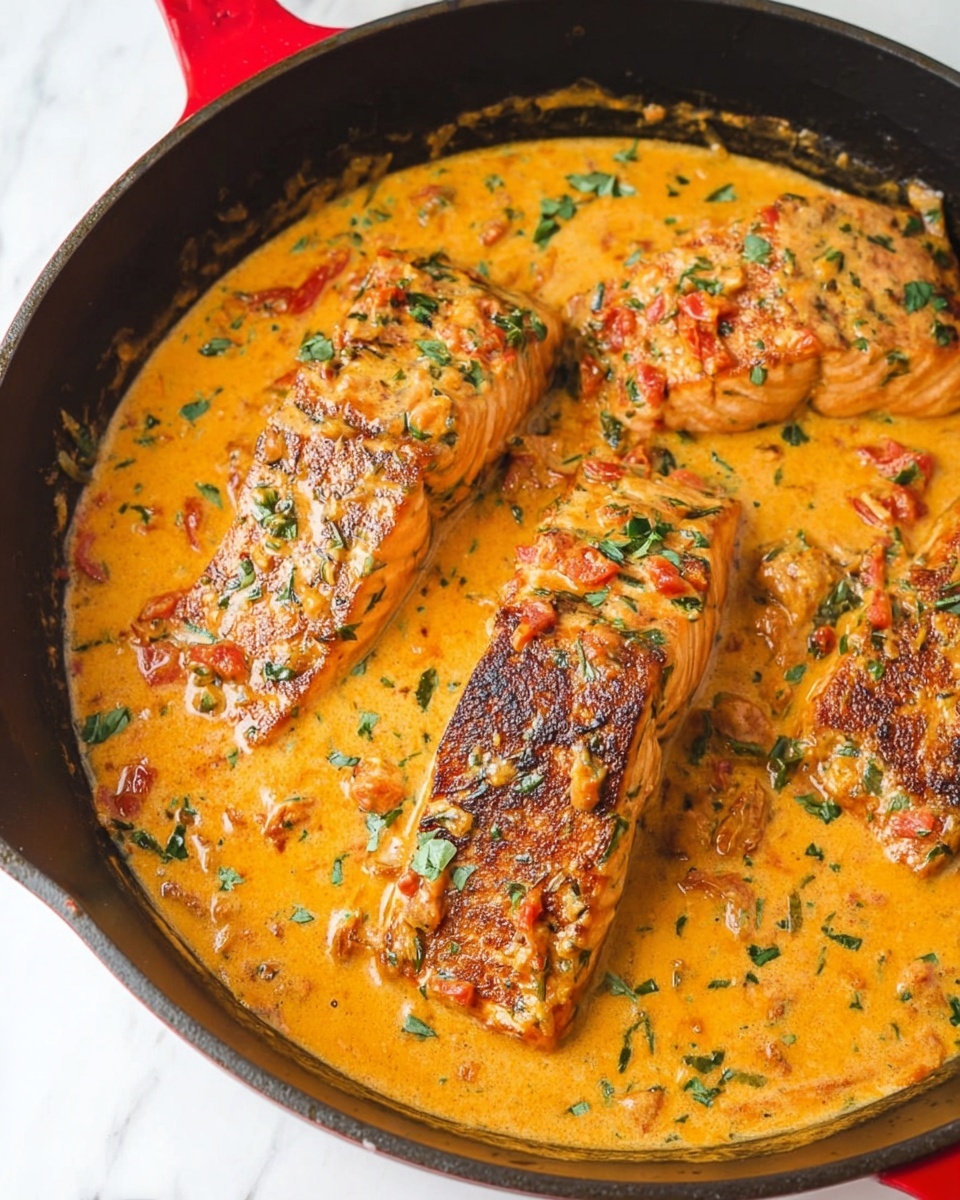 There are four pieces of seared salmon fillets lying in a thick creamy orange sauce in a black skillet with a red handle. The sauce has visible small chunks of tomato and finely chopped green herbs sprinkled all over. The salmon pieces show a golden-brown crust on top with the sauce partially covering them. The skillet is placed on a white marbled surface. photo taken with an iphone --ar 4:5 --v 7