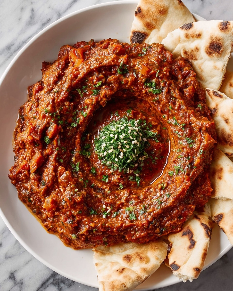 A white plate sits on a white marbled surface, filled with a thick, chunky reddish-brown dip that has a textured, slightly rough surface showing bits of vegetables and spices. The dip is shaped like a shallow bowl, with a small circular well in the center filled with finely chopped bright green herbs and sprinkled with small white seeds. Around the edge of the plate, there are several folded pieces of soft, pale beige pita bread with charred spots, resting partly on the dip. photo taken with an iphone --ar 4:5 --v 7