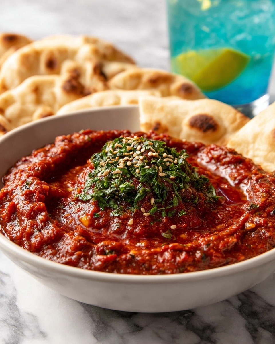 A white bowl filled with thick, chunky red sauce that looks like a spicy tomato dip, forming a ring around the edge. In the center is a mound of finely chopped green herbs topped with sprinkled sesame seeds, adding a fresh contrast. Pieces of warm, light beige flatbread with soft, slightly toasted surfaces are placed around the sauce inside the bowl and scattered behind it. The bowl sits on a white marbled surface, with a blurred blue glass filled with ice and a lemon faintly visible in the background. photo taken with an iphone --ar 4:5 --v 7