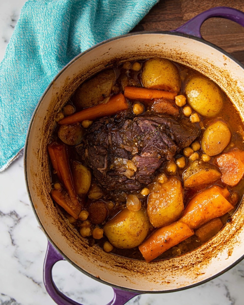 A close-up view of a deep white pot with purple handles filled with a cooked stew. The stew features one large dark brown piece of meat in the center, surrounded by golden brown potato halves, orange carrot slices, light brown chickpeas, and soft orange chunks of sweet potato all in a rich brown sauce. The pot sits on a white marbled surface, with a light blue cloth draped to the top left side. The inside edge of the pot is stained with brown sauce marks that show the stew has been cooked for some time. photo taken with an iphone --ar 4:5 --v 7