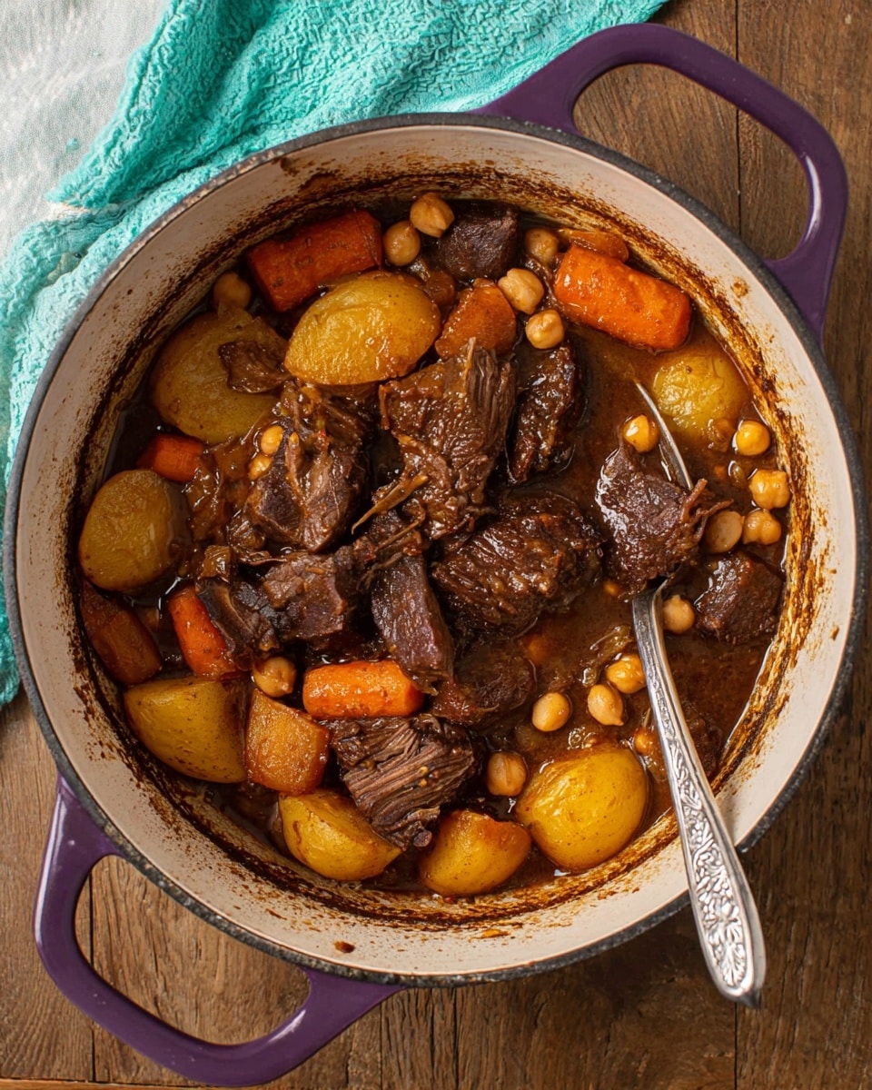A white pot with purple handles is filled with a rich beef stew containing large chunks of dark brown, tender-looking beef in the center. Around the beef, there are layers of yellowish-brown potato halves, orange carrot pieces, and light tan chickpeas all mixed in a thick, glossy brown sauce. A silver spoon with a patterned handle rests inside the pot on the right side. The pot sits on a wooden surface with part of a light turquoise cloth visible in the top left corner. photo taken with an iphone --ar 4:5 --v 7