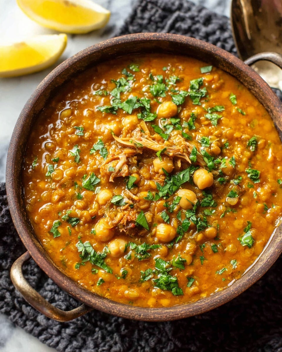 The image shows a rustic brown bowl filled with a thick orange lentil stew with chickpeas and small bits of shredded meat, topped with fresh green chopped herbs. The stew has a slightly chunky texture and is glossy with a rich, hearty look. The bowl handles are visible, and it sits atop a dark cloth with a textured pattern on a white marbled surface, with lemon wedges blurred in the background. The photo taken with an iphone --ar 4:5 --v 7
