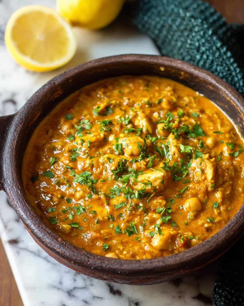A close-up of a rustic brown pot filled with thick, creamy orange curry containing visible pieces of chicken and chickpeas mixed throughout. The curry has a rich texture with some small grains or lentils, and is topped with finely chopped green herbs. The pot is set against a white marbled surface with two yellow lemon wedges in the background and a dark green woven cloth nearby. photo taken with an iphone --ar 4:5 --v 7