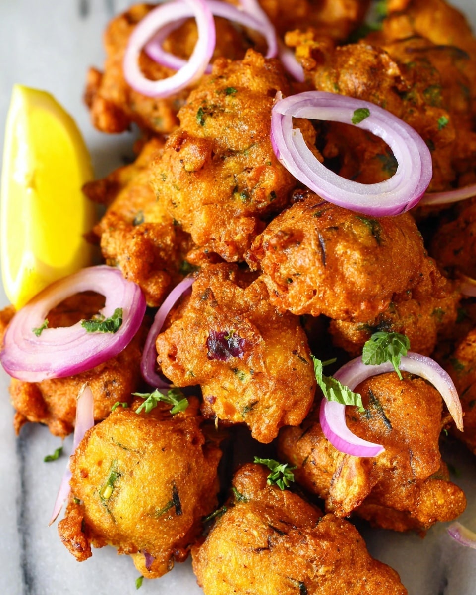 The image shows a close-up of crispy golden-brown fritters piled together, each with a rough, crunchy texture and a few green herb pieces visible inside. On top of the fritters, there are thin rings of purple and white onion scattered around, adding purple highlights. A bright yellow lemon wedge sits near the edge, adding a pop of color. Small green herb leaves are sprinkled across the fritters. The dish is placed on a white marbled surface. photo taken with an iphone --ar 4:5 --v 7
