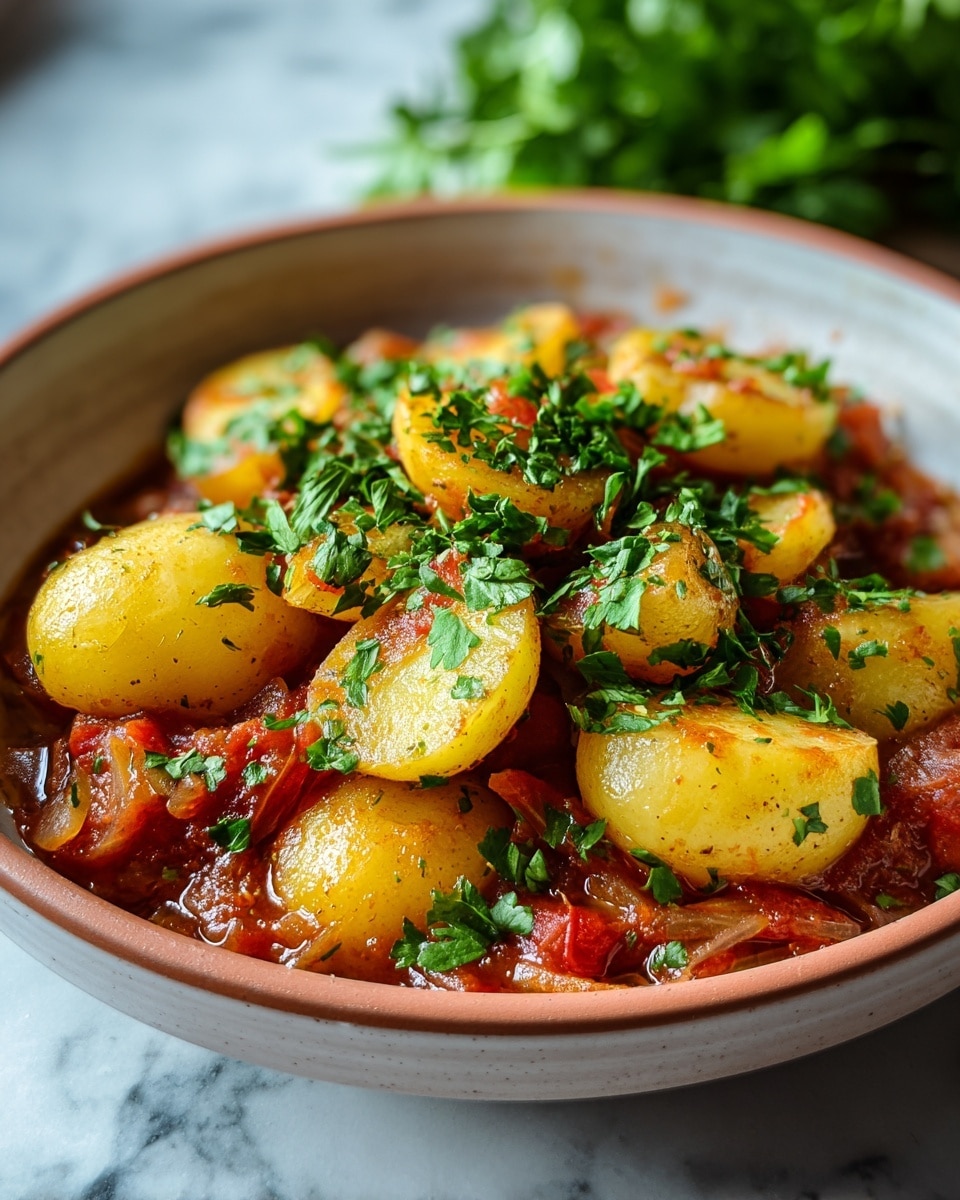 A close-up of a deep white bowl filled with a stew made of small yellow potatoes cut in halves on top, with a layer of finely chopped fresh green herbs sprinkled over them. Below the potatoes, there is a thick tomato-based sauce with visible chunks of cooked tomatoes and pieces of onion, adding red and light brown colors and a textured look. The surface beneath the bowl is white marble with faint gray lines, and a blurred bunch of fresh green herbs is in the background. The lighting highlights the freshness and warmth of the dish, showing light reflections on the sauce and potatoes. photo taken with an iphone --ar 4:5 --v 7