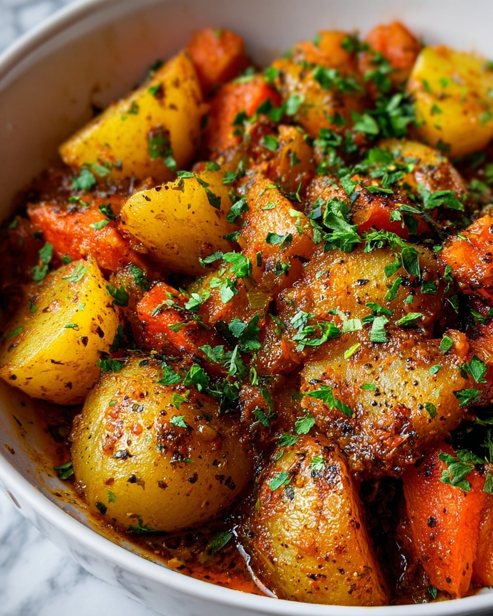 A close-up view of a white bowl filled with roasted potato chunks and carrot pieces mixed in a rich, orange-brown sauce with visible herbs and spices. The potato pieces are golden-yellow with browned edges, showing a slightly crispy texture, while the carrot chunks are soft and deep orange. The dish is sprinkled generously with fresh chopped green herbs, adding a vibrant contrast. The sauce looks thick and glossy, coating the vegetables evenly with specks of black pepper and seasoning throughout. The inside edge of the white bowl shows some sauce splatters, giving a rustic, homemade feel. The background is a white marbled texture. photo taken with an iphone --ar 4:5 --v 7