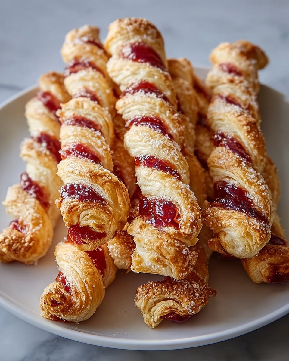 The image shows a white plate filled with several twisted pastry sticks. Each pastry has multiple light golden brown layers of flaky dough twisted around itself, with a bright red jam filling visible through the gaps between the dough layers. The top of the pastries is sprinkled with coarse sugar, adding a sparkling texture. The plate is set on a white marbled surface. photo taken with an iphone --ar 4:5 --v 7