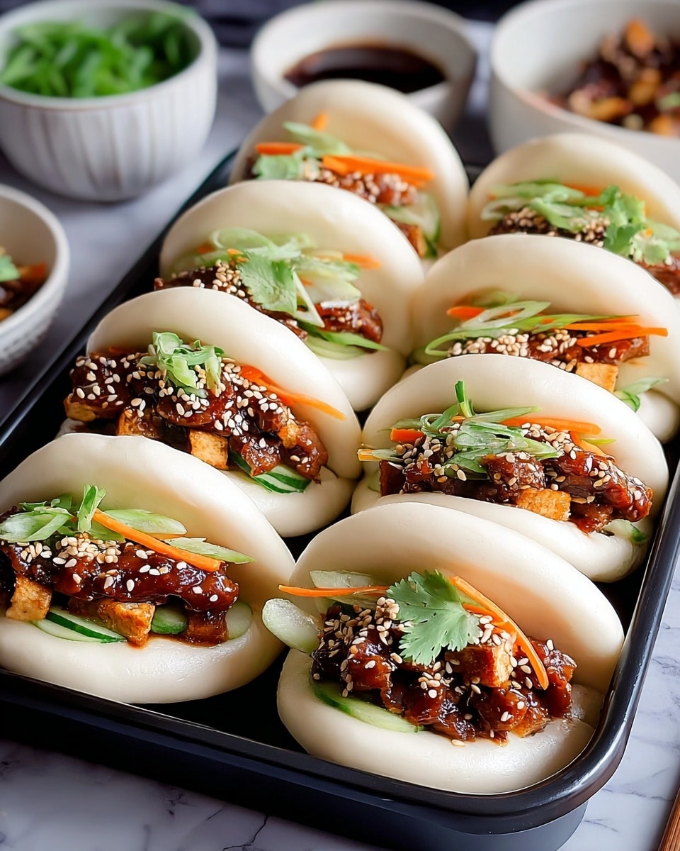 A black rectangular tray holds eight steamed bao buns neatly arranged in two rows of four each, sitting on a white marbled surface. Each bao bun has a soft, fluffy white outer shell folded around a filling. The filling inside is dark brown, sticky glazed pieces of meat garnished with bright orange thin carrot strips, fresh green chopped scallions, and sprinkled white sesame seeds, adding texture and color contrast. One bao bun near the edge shows bits of light green cucumber and light brown crunchy tofu or similar filling. In the background, there is a blurred white bowl with green herbs and a small white dish with dark dipping sauce. Photo taken with an iphone --ar 4:5 --v 7