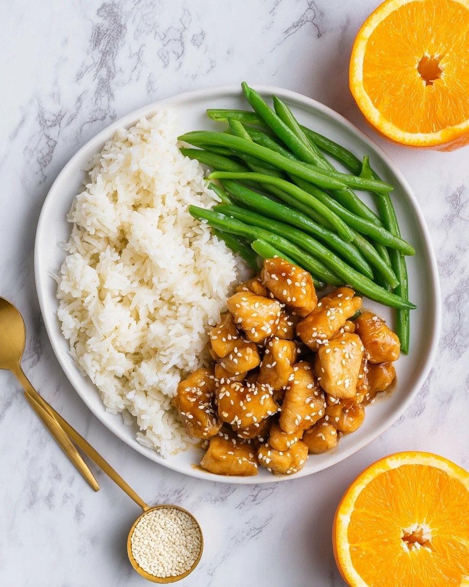 A white plate with three sections: one section filled with fluffy white rice showing soft, grainy texture; another section holds bright green, fresh green beans neatly stacked, smooth and slightly shiny; the third section contains bite-sized pieces of golden-brown chicken coated in a glossy sauce, sprinkled with white sesame seeds for added texture. Next to the plate, there is a whole orange and a half orange showing its juicy interior, as well as a small gold spoon filled with white sesame seeds. The plate and items rest on a white marbled surface with subtle grey veins. Photo taken with an iphone --ar 4:5 --v 7
