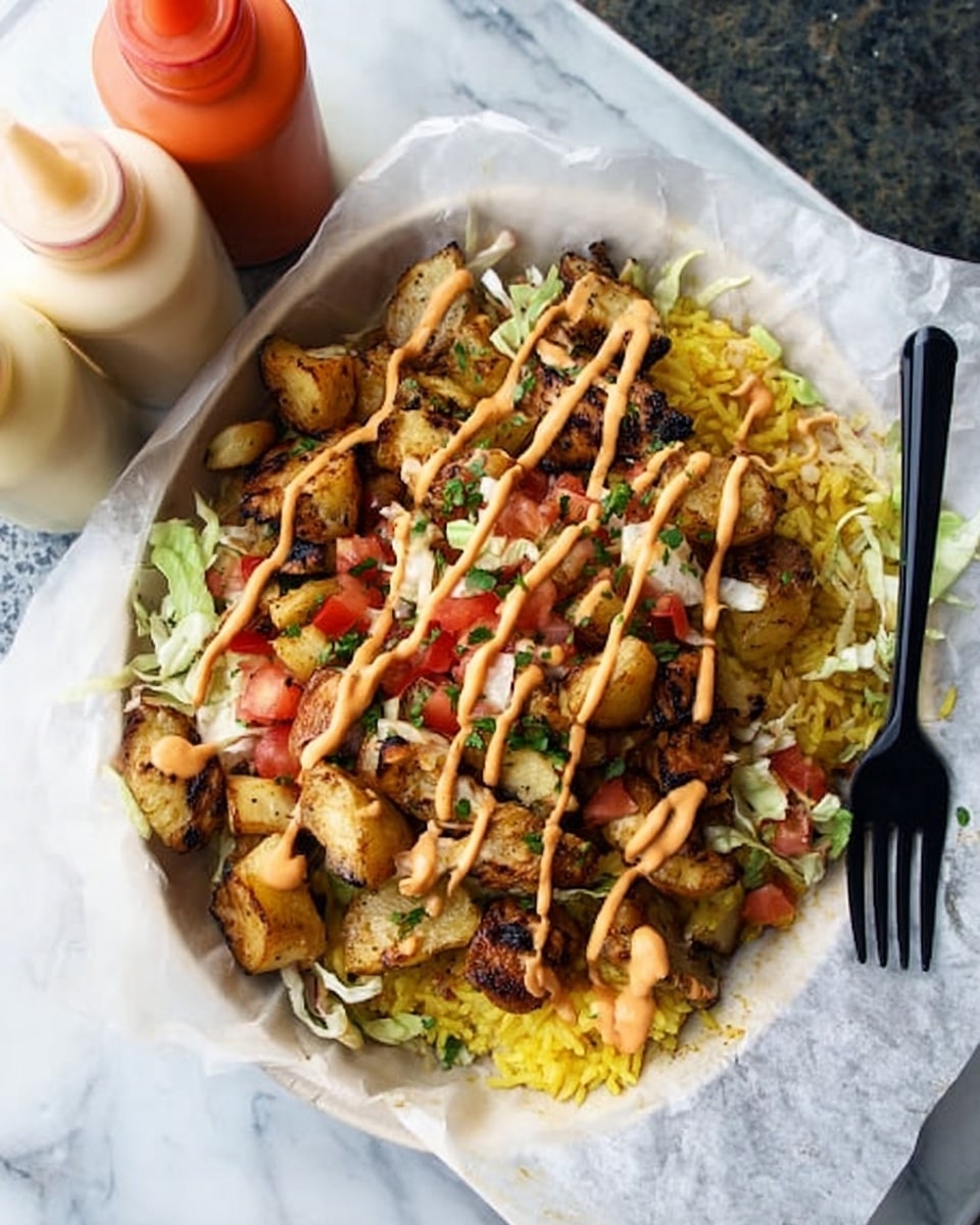 A white bowl lined with white parchment paper holds a layered dish starting with a base of yellow rice on the bottom right, topped with pieces of golden-brown grilled chicken and roasted potatoes scattered across the top, mixed with small red tomato chunks and some green herbs sprinkled throughout. Light green shredded lettuce is layered beneath the chicken and potatoes, adding texture around the edges. The dish is finished with a drizzle of light orange sauce zigzagged across the top. A black plastic fork rests on the edge of the bowl, and there are two squeeze bottles behind it, one creamy white and the other red-orange on a white marbled surface. photo taken with an iphone --ar 4:5 --v 7