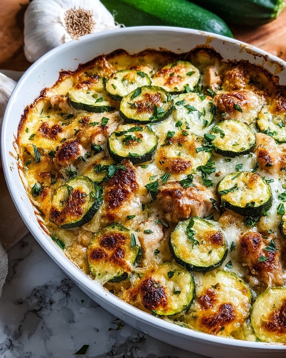 A close-up of a white oval baking dish filled with a layered casserole. The top layer has browned, melted cheese in a golden-brown color with crispy edges, scattered with round green zucchini slices that have a slightly charred look. Beneath the zucchini, there are visible pieces of cooked, golden-brown chicken. Fresh chopped green herbs sprinkled over the top add color and freshness. The dish rests on a white marbled surface with a garlic bulb and a zucchini in the background. photo taken with an iphone --ar 4:5 --v 7