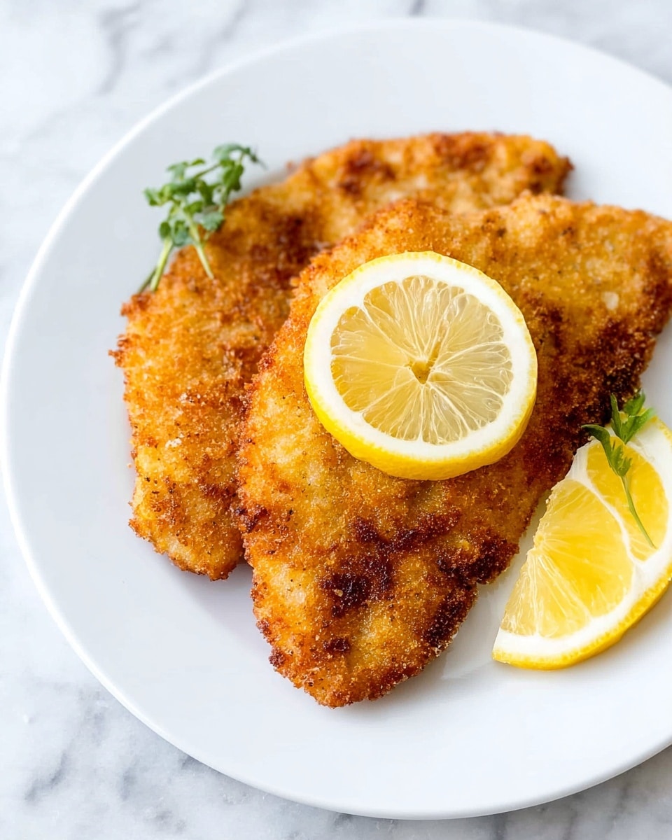 A white plate holds two pieces of golden brown breaded fried fish, with a crispy texture visible on the surface. One piece overlaps the other, positioned slightly towards the front. On top of the front fish piece rests a bright yellow lemon wedge, its juicy inner segments visible, and another lemon wedge is placed at the back right corner of the plate. There is a small sprig of green herb at the left side of the plate. The plate sits on a white marbled surface. photo taken with an iphone --ar 4:5 --v 7