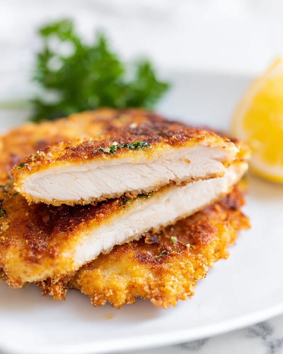 A close-up of two pieces of crispy breaded chicken stacked on a white plate, showing three layers: the top golden-brown crunchy crust, a thin lightly browned outer edge, and the thick white tender cooked chicken meat inside; in the background, there is a green parsley garnish and a partial lemon slice with a yellow rind, all set on a white marbled surface. photo taken with an iphone --ar 4:5 --v 7