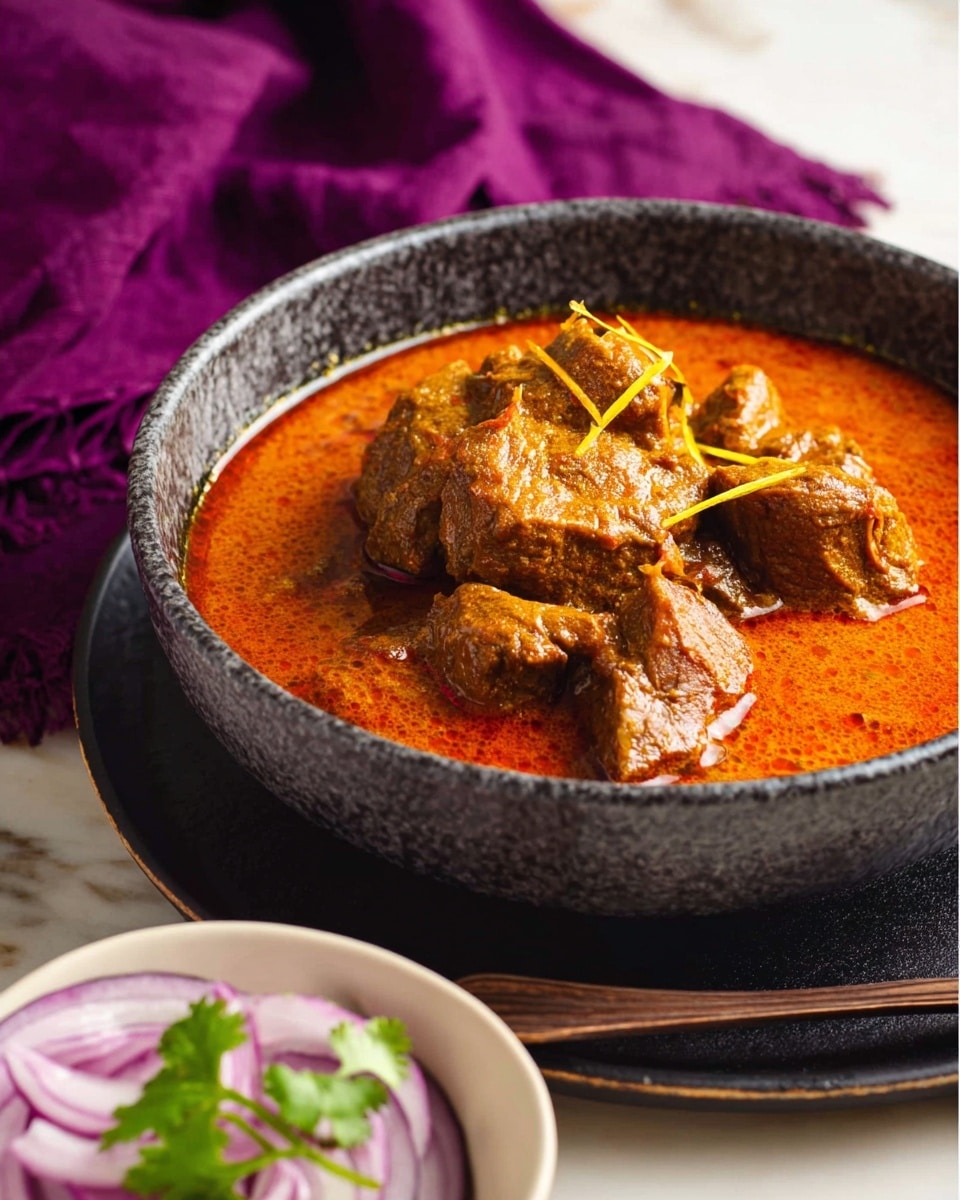 A dark speckled bowl filled with thick reddish-brown curry containing several chunks of tender meat is placed on a white marbled surface. The curry has visible ginger slivers on top and a shiny layer of oil. The bowl rests on a matching dark speckled plate, with a silver spoon placed inside the bowl on the right side. To the top right, a smaller white bowl holds thinly sliced pink and white onions garnished with a sprig of fresh green cilantro. On the top left, a small dark plate features whole spices like bay leaves, cinnamon sticks, and cloves. At the bottom left, a bowl contains fluffy white rice with a small green cilantro leaf on top. A purple cloth is draped slightly at the bottom right near the bowl. Photo taken with an iphone --ar 4:5 --v 7