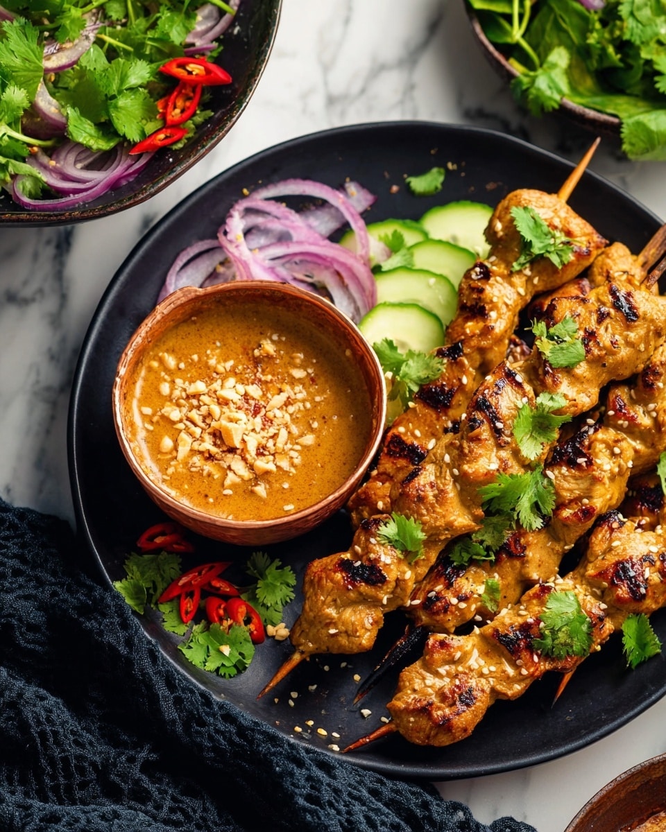 Several grilled chicken skewers with a light golden-brown char are arranged on a dark plate, each skewer showing the textured, slightly crispy edges of the meat. The chicken is garnished with fresh green cilantro leaves and sprinkled sesame seeds, adding pops of color and texture. In the center of the plate, a small round copper bowl holds a creamy peanut sauce topped with crushed nuts and red chili flakes. Around the bowl and skewers, thin slices of red chili and onion are scattered, adding brightness and contrast. At the back, slices of fresh cucumber topped with cilantro leaves rest near a bowl of spinach salad with cucumber slices and red onion rings. The scene is set on a white marbled surface with a dark cloth draped on one side. photo taken with an iphone --ar 4:5 --v 7