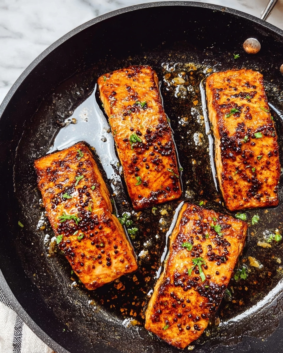 A white oval plate holds three large grilled fish fillets arranged side by side, each fillet showing a rich, dark brown char with black grill marks and small areas of caramelized glaze. The fish are coated in a shiny sauce with visible black sesame seeds and small green herb pieces sprinkled on top and around the edges of the plate. The sauce pools slightly underneath the fillets, giving an oily, golden orange shine. The plate is placed on a white marbled textured surface. Photo taken with an iphone --ar 4:5 --v 7