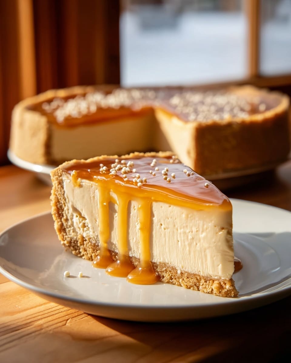 A thick slice of creamy beige cheesecake sits on a white plate, topped with a shiny layer of amber syrup dripping down one side and sprinkled with light-colored sesame seeds. The cheesecake has a firm light brown crust along the bottom and edges, with a smooth and dense texture inside. Behind the slice, the rest of the cheesecake, with one slice missing, rests on a white plate. The scene is lit by warm sunlight coming from a nearby window, casting soft shadows on a wooden table with a white marbled texture. photo taken with an iphone --ar 4:5 --v 7