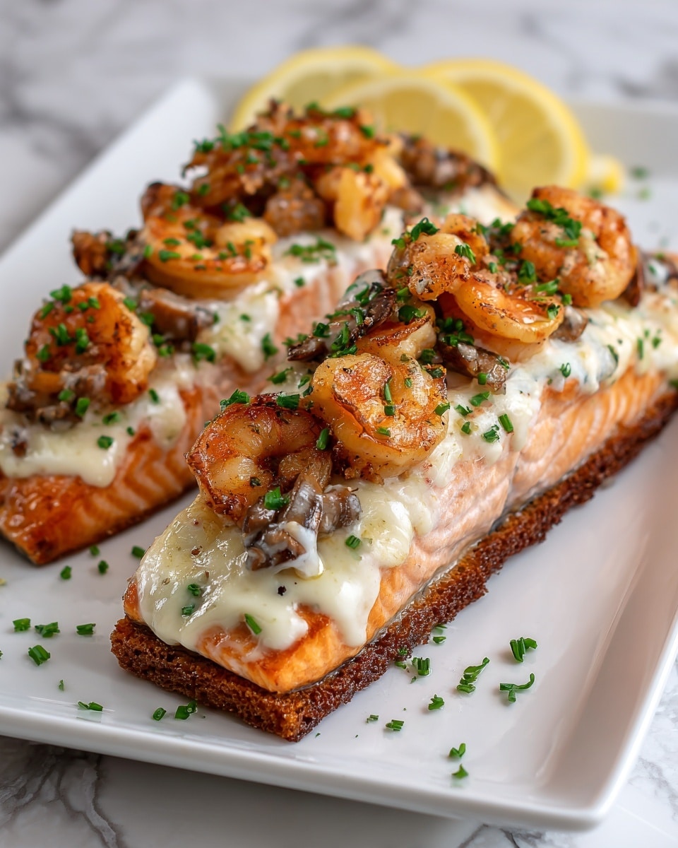 A white rectangular plate holds two cooked salmon fillets with a crispy brown crust on the bottom layer. Each fillet is topped with a creamy, white mixture that includes browned shrimp pieces with a slightly charred look. The dish is sprinkled with chopped green herbs and garnished with lemon wedges at the back. The plate sits on a white marbled surface. photo taken with an iphone --ar 4:5 --v 7