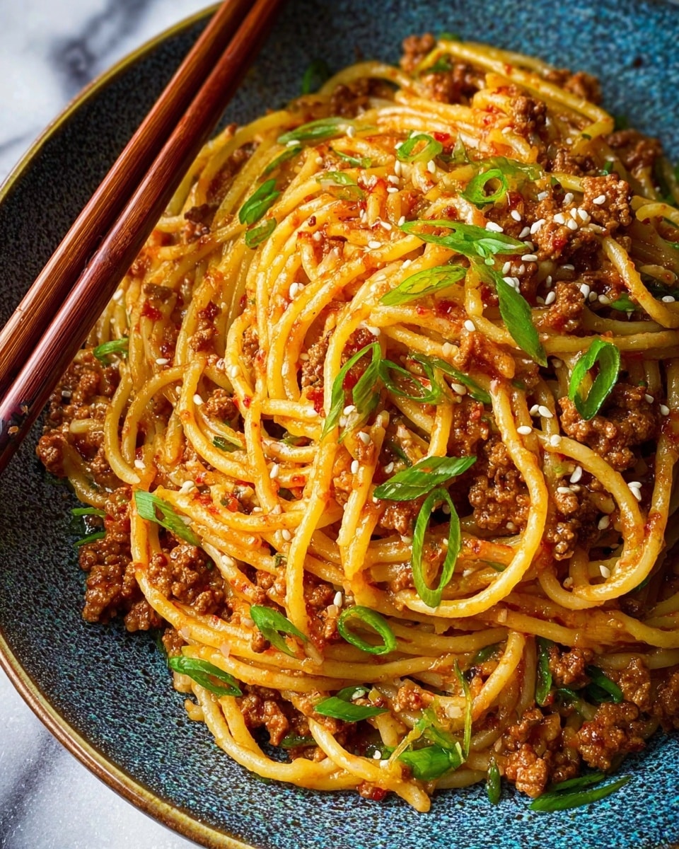 A close-up view of a bowl filled with long, thick spaghetti noodles mixed with small, crumbly pieces of cooked ground meat that have a rich brown color. The noodles have a light golden-yellow hue and are coated with a glossy sauce that looks slightly oily and speckled with red chili flakes. Bright green fresh herbs, possibly parsley or cilantro leaves, are scattered throughout the dish adding splashes of vivid green. The bowl is white with a soft texture, and the whole scene is set on a white marbled surface. photo taken with an iphone --ar 4:5 --v 7