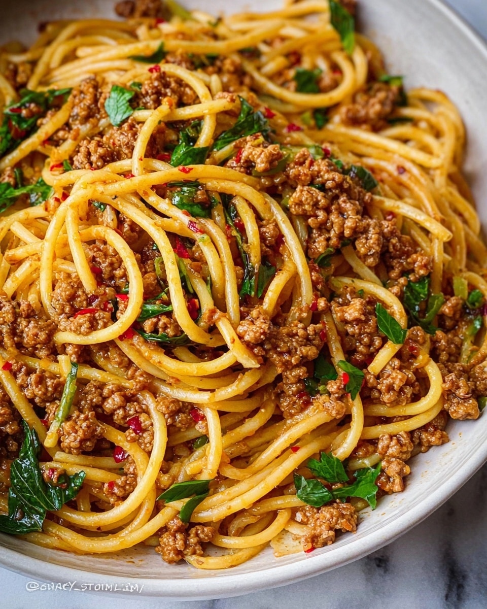 A close-up of a blue speckled bowl filled with spaghetti mixed with ground meat sauce covering the noodles richly, showing a shiny, slightly oily texture in light brown and reddish tones; scattered green onion slices add a fresh green color on top amid the sauce, with sesame seeds sprinkled throughout as small white dots; two brown wooden chopsticks rest on the edge of the bowl on the left side; the dish sits on a white marbled surface. photo taken with an iphone --ar 4:5 --v 7