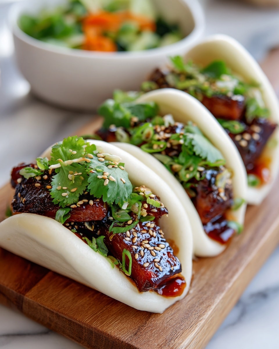 Three soft, white steamed buns are folded into a taco shape and filled with glossy, sticky pieces of dark reddish-brown glazed meat, topped with chopped fresh green onions, green cilantro leaves, and sprinkled with light tan sesame seeds. The buns are arranged in a row on a wooden board, with a white marbled surface underneath. In the blurry background, there is a white bowl containing more chopped green vegetables and orange bits. The photo taken with an iphone --ar 4:5 --v 7