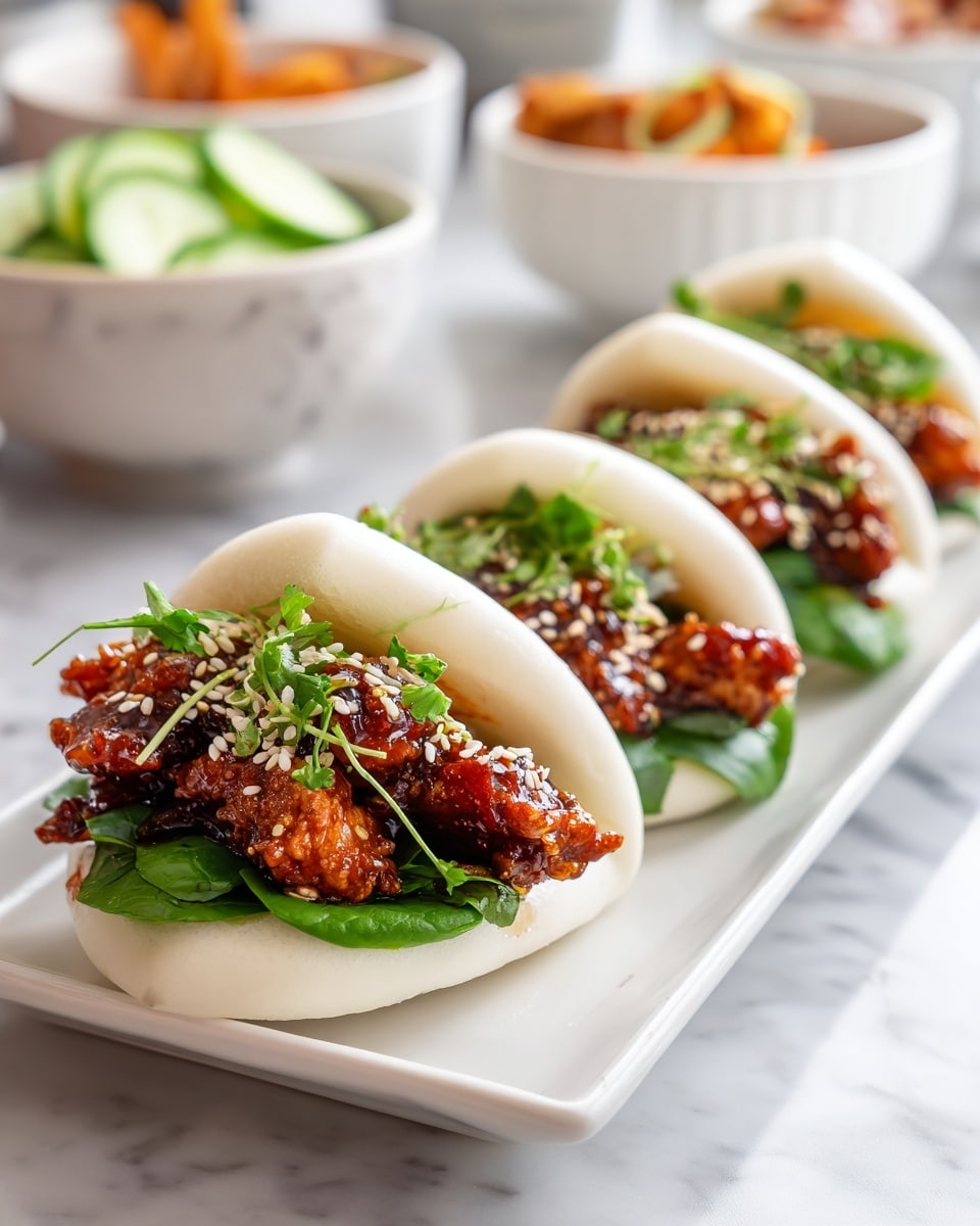 Four steamed bao buns sit on a white rectangular plate placed on a white marbled surface. Each bun is soft and white with a smooth texture, folded open to hold the filling. Inside, the first layer is fresh green leafy herbs that add a bright contrast. On top, there are pieces of crispy chicken coated in a shiny dark reddish-brown sauce. The chicken is sprinkled with white sesame seeds and chopped green herbs for added color and texture. In the background, there are blurred bowls with sliced cucumber and other side dishes, enhancing the food scene. photo taken with an iphone --ar 4:5 --v 7