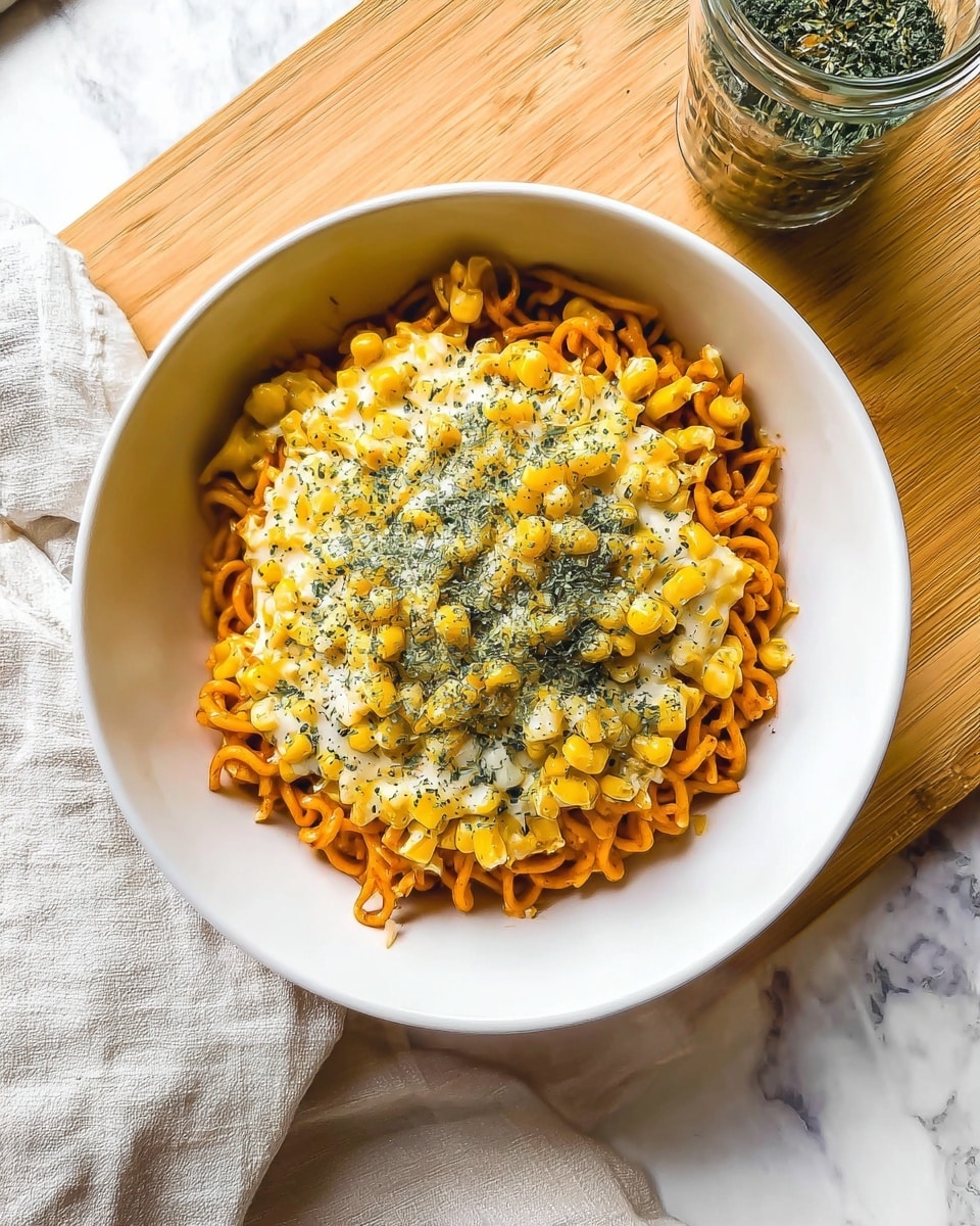 A white bowl holds a serving of curly orange noodles topped with bright yellow corn kernels and melted white cheese that stretches in long strands as a woman's hand lifts the noodles with wooden chopsticks. The noodles have a textured, slightly glossy surface, mixed with patches of green herbs sprinkled on top of the cheese and corn. The background features a soft-focus bottle and a beige surface, all set against a white marbled texture. Photo taken with an iphone --ar 4:5 --v 7