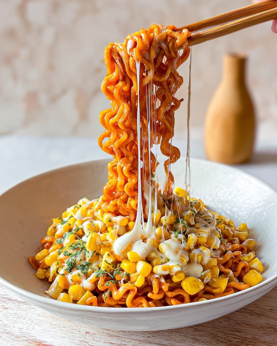 A white bowl sits on a white marbled surface with a wooden cutting board, chopsticks, a jar of dried parsley, and a light-colored cloth nearby. Inside the bowl is a base layer of curly orange noodles. On top of the noodles is a thick layer of bright yellow corn mixed with melted white cheese, sprinkled evenly with green dried parsley flakes. The colors contrast well with the clean white bowl, making the dish look warm and inviting. Photo taken with an iphone --ar 4:5 --v 7