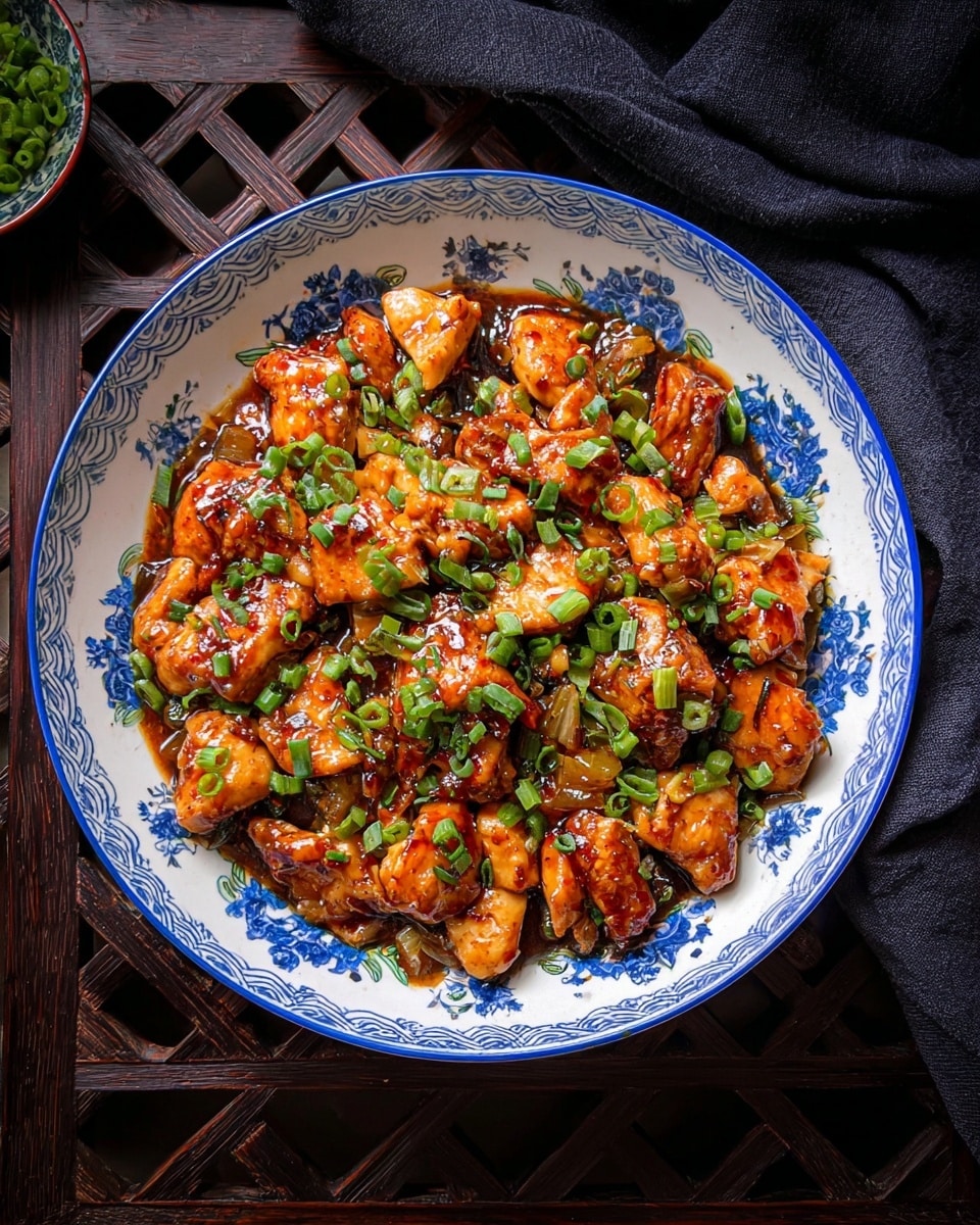 A white bowl with blue floral patterns holds a dish made of cooked chicken pieces covered in a glossy, rich brown sauce, topped with bright green chopped spring onions scattered evenly across the top, giving a fresh contrast to the warm colors of the chicken. The chicken texture looks tender and juicy with a slight char, and the spring onions add a crisp, fresh element. The bowl sits on a dark wooden lattice surface, and a dark cloth is partially visible to the upper right side, adding depth to the scene. photo taken with an iphone --ar 4:5 --v 7