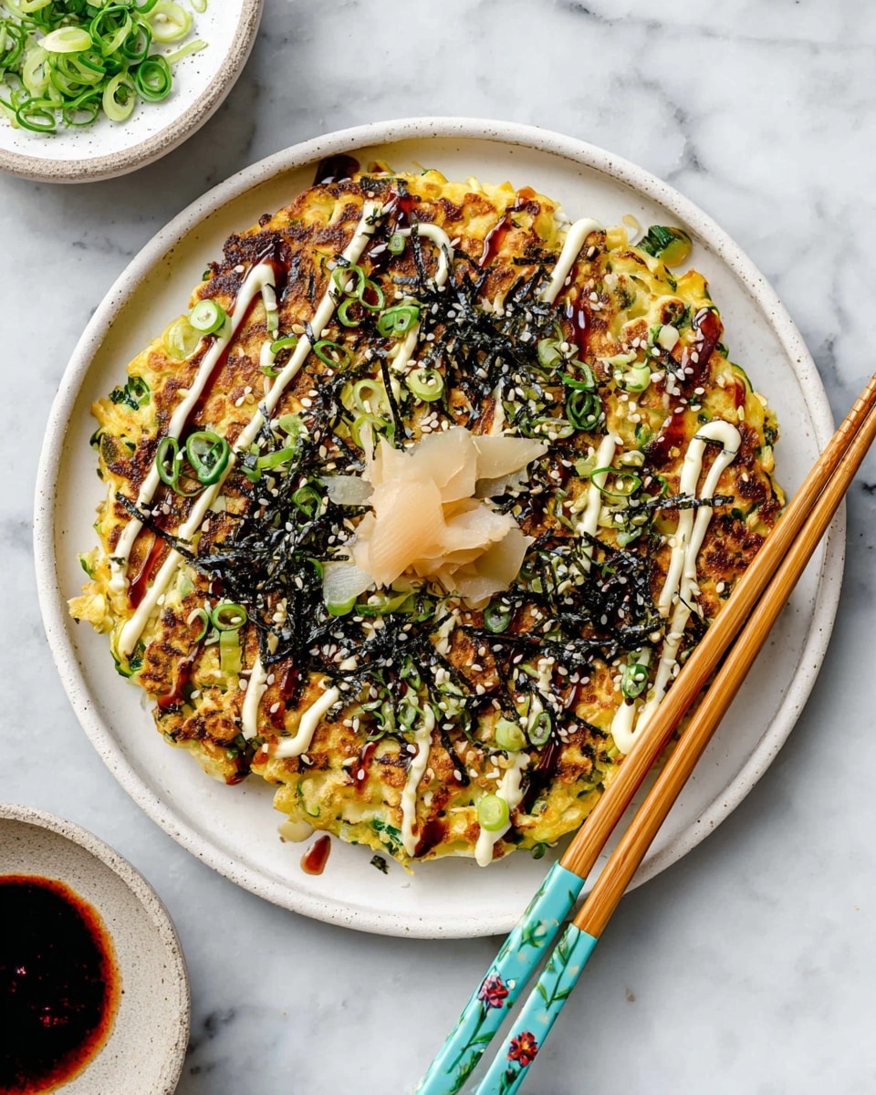 Two okonomiyaki pancakes sit on white ceramic plates with a light speckled edge, placed on a white marbled surface. Each pancake is golden brown with bits of green from chopped scallions mixed inside, topped with light beige creamy mayo drizzles and dark brown okonomiyaki sauce in thin zigzags. Thin black seaweed strips and fresh green microgreens scatter evenly across the top, with a small mound of pale yellow pickled ginger placed in the center of each pancake. Around the plates are small white bowls filled with extra chopped scallions, pickled ginger, and black and white sesame seeds, along with wooden bowls holding nori strips and sesame seeds. Two pairs of chopsticks, one with blue decorated handles resting across the top plate and another pair held by a white ceramic rabbit chopstick rest, complete the setting. Photo taken with an iphone --ar 4:5 --v 7