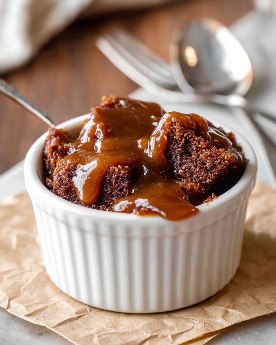 A white textured ceramic ramekin filled with a warm dessert consisting of several pieces of moist, dark brown cake topped generously with thick, glossy caramel sauce that flows slightly over the edges. The dessert is placed on wrinkled beige parchment paper on top of a white marbled surface. In the background, a metallic spoon rests inside the ramekin, and a fork lies slightly out of focus further back. The overall look is cozy and inviting with rich brown and caramel tones contrasting against the white dish and surface. photo taken with an iphone --ar 4:5 --v 7