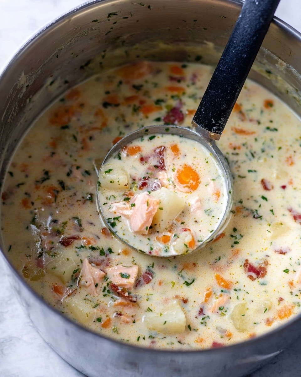 A large metal pot filled with creamy soup that has chunks of orange carrots, pink pieces of fish, small white potato cubes, bits of bacon, and green herbs mixed throughout. A black ladle with a silver handle is scooping a portion of the soup, showing the thick and rich texture with visible pieces of ingredients. The pot sits on a white marbled surface. photo taken with an iphone --ar 4:5 --v 7